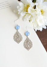 Load image into Gallery viewer, Corn Flower Blue Earrings Silver Paisley Filigree Cornflower Blue Dangle Earrings Drop Earrings Something Blue Wedding Bridesmaid Earrings
