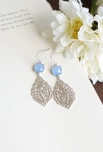 Load image into Gallery viewer, Corn Flower Blue Earrings Silver Paisley Filigree Cornflower Blue Dangle Earrings Drop Earrings Something Blue Wedding Bridesmaid Earrings
