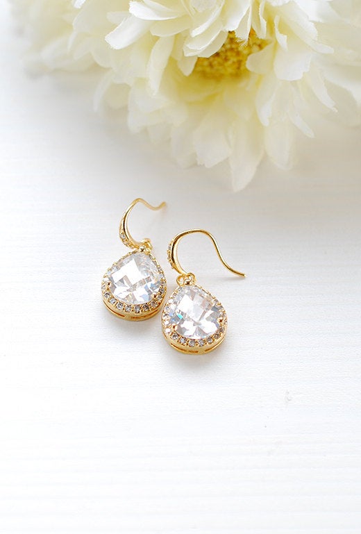 Large Gold Teardrop White Crystal Cubic Zirconia Earrings Wedding Earrings Bridal Earrings Bridesmaid Earrings Bridesmaid Gift Maid of Honor