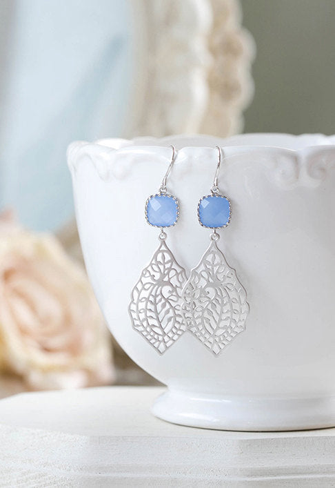 Corn Flower Blue Earrings Silver Paisley Filigree Cornflower Blue Dangle Earrings Drop Earrings Something Blue Wedding Bridesmaid Earrings