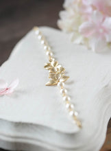 Load image into Gallery viewer, Bridal Bracelet Bridesmaid Bracelet Gold Orchid Flower Swarovski Cream Ivory White Pearl Bracelet Gold Wedding Bracelet Flower Girl Bracelet
