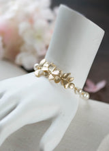 Load image into Gallery viewer, Bridal Bracelet Bridesmaid Bracelet Gold Orchid Flower Swarovski Cream Ivory White Pearl Bracelet Gold Wedding Bracelet Adjustable Bracelet
