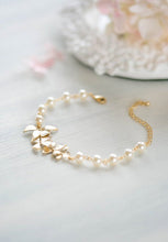 Load image into Gallery viewer, Bridal Bracelet Bridesmaid Bracelet Gold Orchid Flower Swarovski Cream Ivory White Pearl Bracelet Gold Wedding Bracelet Adjustable Bracelet
