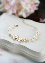 Load image into Gallery viewer, Bridal Bracelet Bridesmaid Bracelet Gold Orchid Flower Swarovski Cream Ivory White Pearl Bracelet Gold Wedding Bracelet Flower Girl Bracelet
