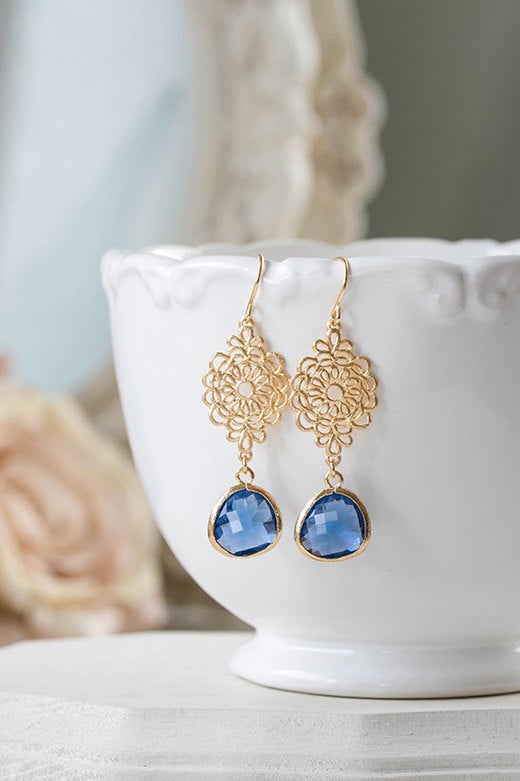 Gold Navy Blue Earrings Sapphire Blue Montana Blue Glass Drop Earrings Gold Filigrees Dangle Earrings Navy Blue Wedding Bridesmaids Gift