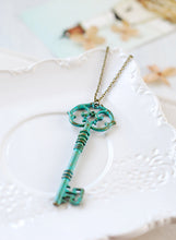 Load image into Gallery viewer, Key Necklace, Large Blue Patina Verdigris Skeleton Key Pendant Necklace, Boho, Rustic Vintage Wedding Jewelry, Gift for Her, gift for mom
