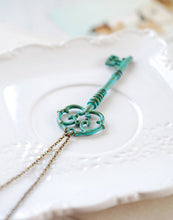 Load image into Gallery viewer, Key Necklace, Large Blue Patina Verdigris Skeleton Key Pendant Necklace, Boho, Rustic Vintage Wedding Jewelry, Gift for Her, gift for mom
