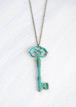 Load image into Gallery viewer, Key Necklace, Large Blue Patina Verdigris Skeleton Key Pendant Necklace, Boho, Rustic Vintage Wedding Jewelry, Gift for Her, gift for mom
