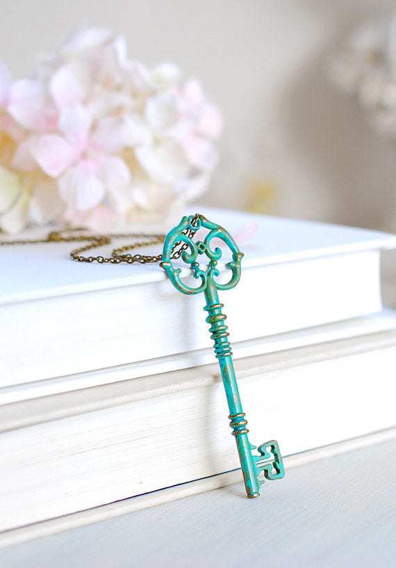 Key Necklace, Large Blue Patina Verdigris Skeleton Key Pendant Necklace, Boho, Rustic Vintage Wedding Jewelry, Gift for Her, gift for mom