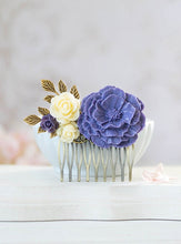 画像をギャラリービューアに読み込む, Purple Bridal Hair Comb Ivory Rose Purple Poppy Flower Antique Gold Brass Leaf Branch Hair Comb Purple Wedding Bridesmaid Gift Country Chic
