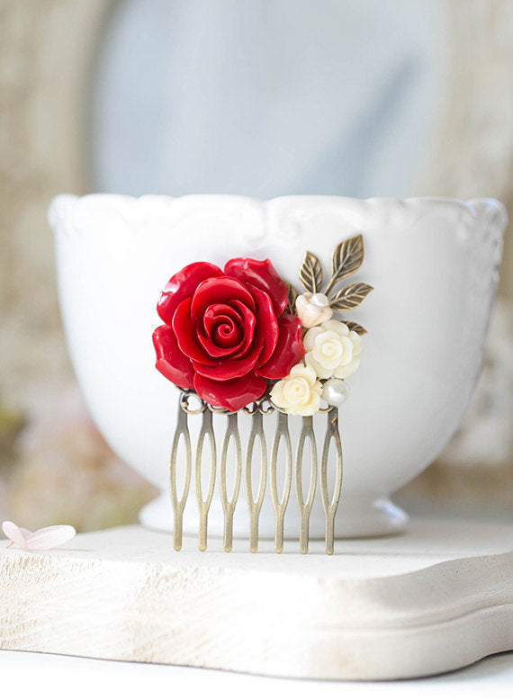 Red Wedding Hair Comb Bridal Hair Comb Bridesmaid Gift Red Rose Ivory White Flower Leaf Branch Collage Hair Comb Country Chic Garden Wedding