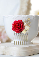 画像をギャラリービューアに読み込む, Red Wedding Hair Comb Bridal Hair Comb Bridesmaid Gift Red Rose Ivory White Flower Leaf Branch Collage Hair Comb Country Chic Garden Wedding
