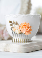 画像をギャラリービューアに読み込む, Peach Wedding Bridal Hair Comb Peach Peony Cream Ivory White Flower Leaf Branch Hair Comb Bridesmaid Gift Country Chic Wedding Vintage Style
