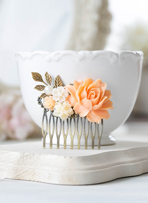 Peach Wedding Bridal Hair Comb Peach Peony Cream Ivory White Flower Leaf Branch Hair Comb Bridesmaid Gift Country Chic Wedding Vintage Style