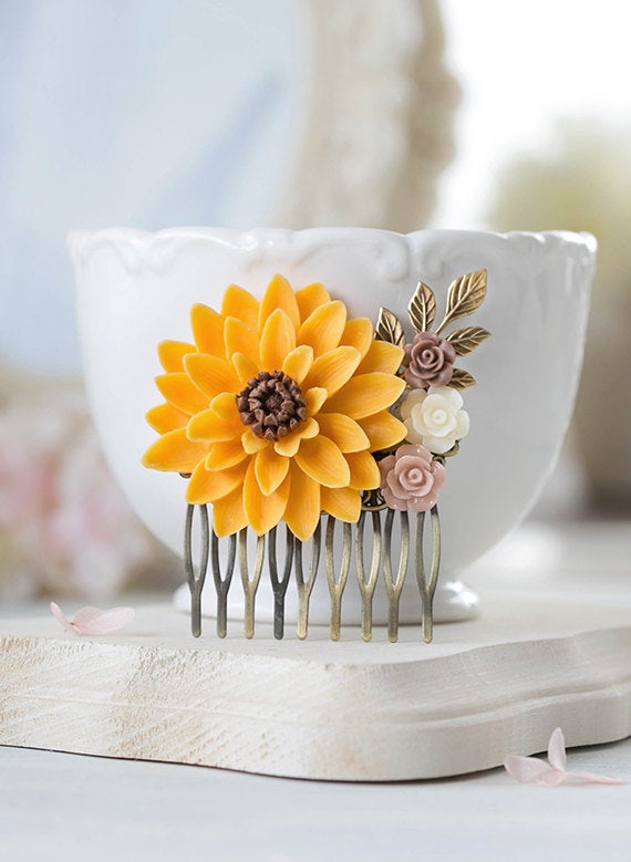 Large Sunflower Hair Comb Orange Yellow Chrysanthemum Taupe Brown Ivory Flower Hair Comb Wedding Bridal Hair Comb Woodland Hair Accessory