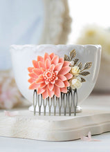 Load image into Gallery viewer, Large Peach Pink Chrysanthemum Ivory Flower Antique Gold Leaf Hair Comb Peach Wedding Hair Comb Bridal Hair Comb Woodland Hair Accessory
