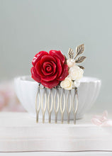 画像をギャラリービューアに読み込む, Red Wedding Hair Comb Bridal Hair Comb Bridesmaid Gift Red Rose Ivory White Flower Leaf Branch Collage Hair Comb Country Chic Garden Wedding
