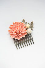 Load image into Gallery viewer, Large Peach Pink Chrysanthemum Ivory Flower Antique Gold Leaf Hair Comb Peach Wedding Hair Comb Bridal Hair Comb Woodland Hair Accessory
