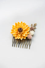 Load image into Gallery viewer, Large Sunflower Hair Comb Orange Yellow Chrysanthemum Taupe Brown Ivory Flower Hair Comb Wedding Bridal Hair Comb Woodland Hair Accessory
