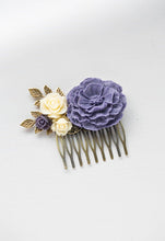 画像をギャラリービューアに読み込む, Purple Bridal Hair Comb Ivory Rose Purple Poppy Flower Antique Gold Brass Leaf Branch Hair Comb Purple Wedding Bridesmaid Gift Country Chic
