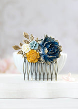 Load image into Gallery viewer, Something Blue Wedding Hair Comb Gold Navy Dusky Blue Ivory Flowers Leaf Bridal Hair Comb Rustic Vintage Wedding Bridesmaid Gift Victorian
