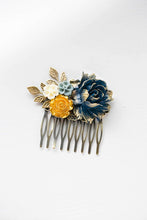 Load image into Gallery viewer, Something Blue Wedding Hair Comb Gold Navy Dusky Blue Ivory Flowers Leaf Bridal Hair Comb Rustic Vintage Wedding Bridesmaid Gift Victorian
