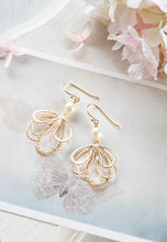 Load image into Gallery viewer, Gold Bridal Earrings Wedding Jewelry Bridesmaid Earrings Maid of Honor Gift Cream White Ivory Pearl Dangle Earrings Chanderlier Earrings
