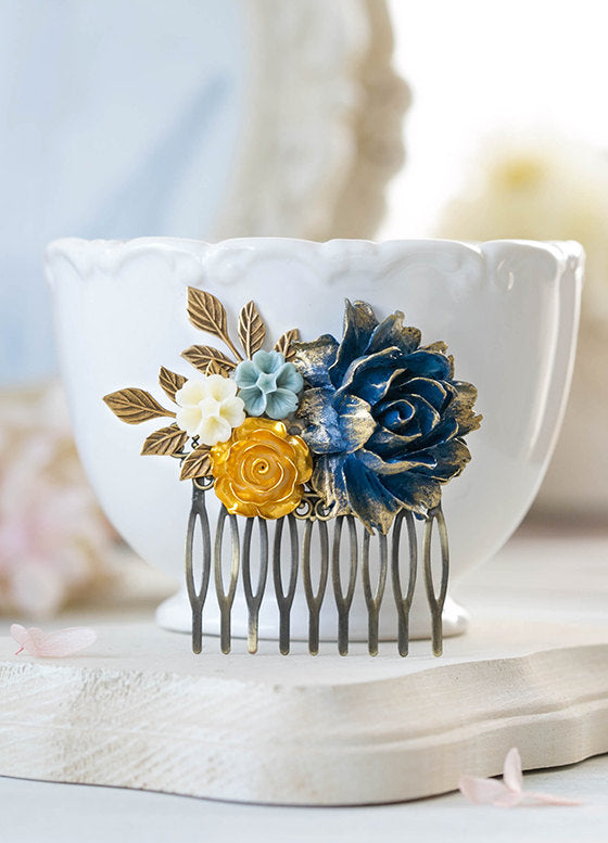 Something Blue Wedding Hair Comb Gold Navy Dusky Blue Ivory Flowers Leaf Bridal Hair Comb Rustic Vintage Wedding Bridesmaid Gift Victorian