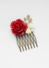 画像をギャラリービューアに読み込む, Red Wedding Hair Comb Bridal Hair Comb Bridesmaid Gift Red Rose Ivory White Flower Leaf Branch Collage Hair Comb Country Chic Garden Wedding
