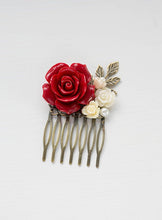 画像をギャラリービューアに読み込む, Red Wedding Hair Comb Bridal Hair Comb Bridesmaid Gift Red Rose Ivory White Flower Leaf Branch Collage Hair Comb Country Chic Garden Wedding
