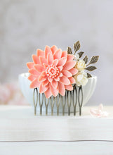 Load image into Gallery viewer, Large Peach Pink Chrysanthemum Ivory Flower Antique Gold Leaf Hair Comb Peach Wedding Hair Comb Bridal Hair Comb Woodland Hair Accessory
