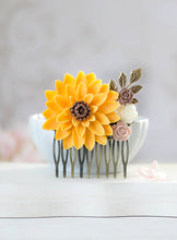 Load image into Gallery viewer, Large Sunflower Hair Comb Orange Yellow Chrysanthemum Taupe Brown Ivory Flower Hair Comb Wedding Bridal Hair Comb Woodland Hair Accessory
