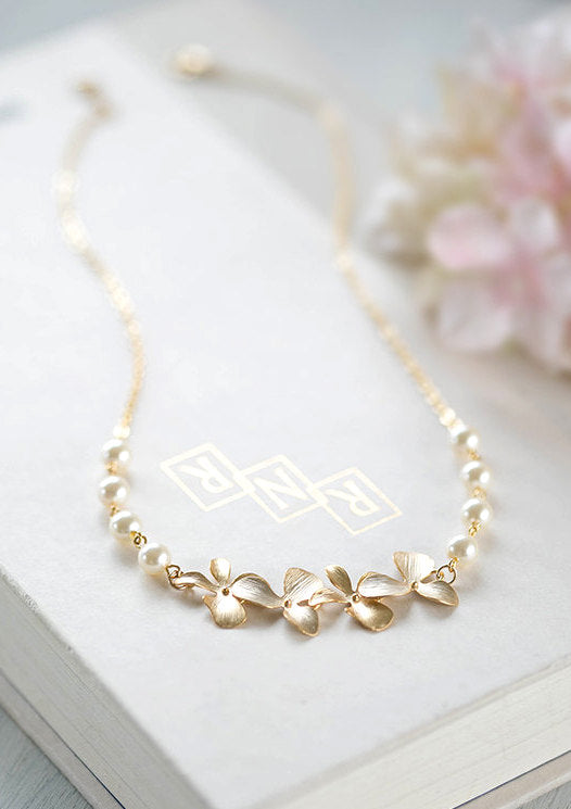 Bridal Necklace Bridesmaid Necklace Gold Cascading Orchid Flowers Swarovski Cream White Pearls Necklace Gold Wedding Jewelry Gift for Her