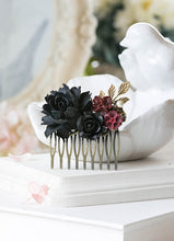 Load image into Gallery viewer, Black Rose Burgundy Dark Red Flowers Hair Comb Black Wedding Bridal Hair Comb Bridesmaid Gift Gothic Wedding Hair Comb Goth Halloween
