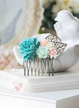 Load image into Gallery viewer, Blue and Pink Wedding Hair Comb Blue Ivory Pink Rose Flower Bridal Hair Comb Vintage Style Woodland Wedding Country Chic Bridesmaid Gift
