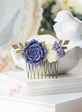 画像をギャラリービューアに読み込む, Purple Wedding Hair Accessory Bridal Hair Comb Large Purple Rose Ivory Flowers Collage Hair Comb Leaf Branch Hair Comb Bridesmaid Gift
