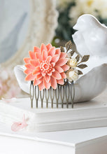 Load image into Gallery viewer, Large Peach Pink Chrysanthemum Ivory Flower Antique Gold Leaf Hair Comb Peach Wedding Hair Comb Bridal Hair Comb Woodland Hair Accessory
