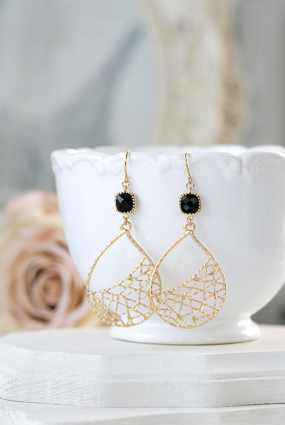 Large Gold Filigree Jet Black Glass Dangle Earrings Gold and Black Chandelier Earrings Drop Earrings bohemian Boho Chic Statement Earrings