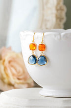 Load image into Gallery viewer, Orange Tangerine Sapphire Blue Earrings Gold Dangle Earrings Montana Blue Navy Blue Glass Drop Earrings Wedding Earrings Bridesmaid Gift
