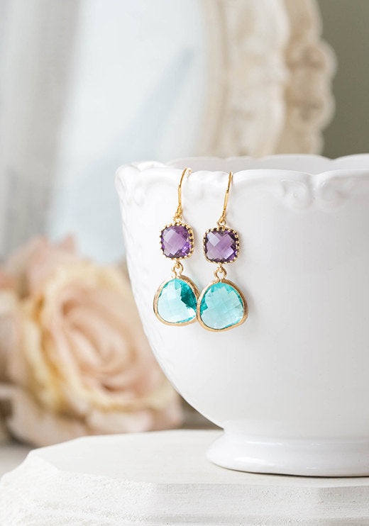 Purple and Aqua Blue Earrings in Gold Amethyst Purple Earrings Aqua Blue Teardrop Glass Dangle Earrings Purple and Blue Wedding Earrings