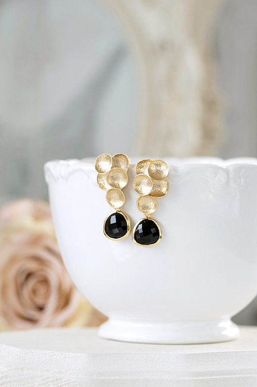 Gold and Black Dangle Earrings Gold Bubble Jet Black Teardrop Glass Post Earrings Wedding Earrings Bridal Earrings Bridesmaid Earrings