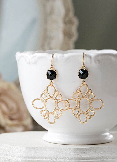 Black and Gold Earrings Jet Black Glass Gold Filigree Dangle Earrings Chandelier Earrings Black and Gold Wedding Jewelry Bohemian Boho Chic