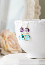 Load image into Gallery viewer, Purple and Aqua Blue Earrings in Gold Amethyst Purple Earrings Aqua Blue Teardrop Glass Dangle Earrings Purple and Blue Wedding Earrings
