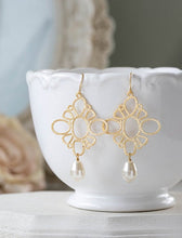 Load image into Gallery viewer, Bridal Earrings Wedding Jewelry Bridesmaid Earrings Gold Filigree Ivory Cream White Teardrop Pearls Dangle Earrings Pearl Drop Earrings
