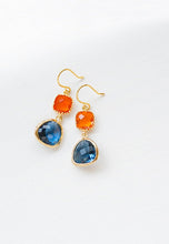 Load image into Gallery viewer, Orange Tangerine Sapphire Blue Earrings Gold Dangle Earrings Montana Blue Navy Blue Glass Drop Earrings Wedding Earrings Bridesmaid Gift
