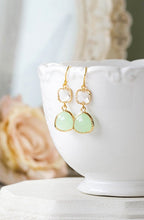 Load image into Gallery viewer, Gold Plated Mint Green Clear Crystal Dangle Earrings Seafoam Green Glass Drop Earrings Mint Wedding Jewelry Bridal Earrings Bridesmaid Gift
