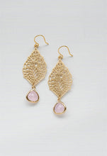 Load image into Gallery viewer, Gold and Blush Pink Earrings Gold Filigree Paisley Ice Pink Dangle Earrings Pink Opal Glass Drop Earrings Pink Wedding Bridesmaid Earrings
