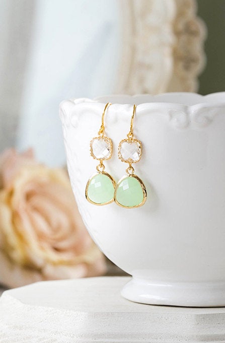 Gold Plated Mint Green Clear Crystal Dangle Earrings Seafoam Green Glass Drop Earrings Mint Wedding Jewelry Bridal Earrings Bridesmaid Gift