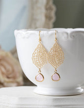 Load image into Gallery viewer, Gold and Blush Pink Earrings Gold Filigree Paisley Ice Pink Dangle Earrings Pink Opal Glass Drop Earrings Pink Wedding Bridesmaid Earrings
