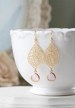 Load image into Gallery viewer, Gold and Blush Pink Earrings Gold Filigree Paisley Ice Pink Dangle Earrings Pink Opal Glass Drop Earrings Pink Wedding Bridesmaid Earrings
